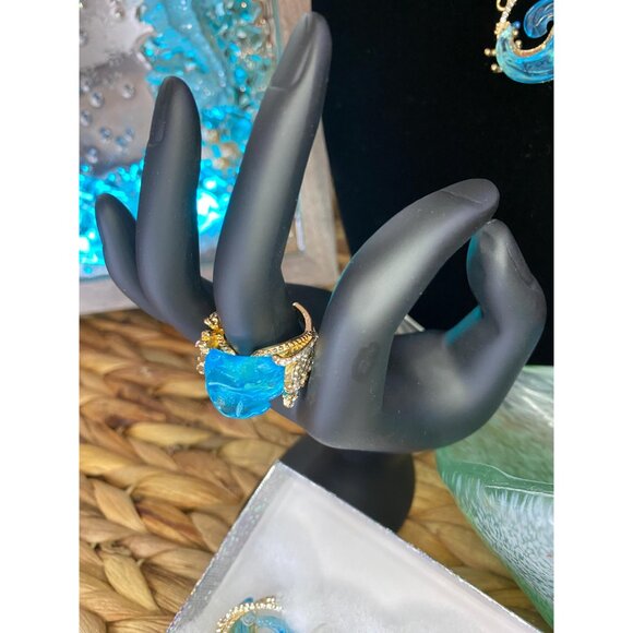 OCEAN’S OATH Blue Wave Ocean Necklace Ring Sz 8 Beautiful Rhinestone Gold Plated - Picture 2 of 10
